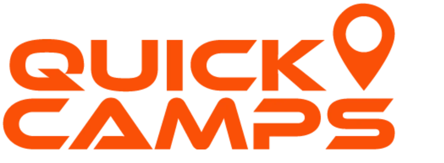 Quick Camps logo featuring bold orange text with a location pin symbol, representing mobile and remote camp accommodation services.